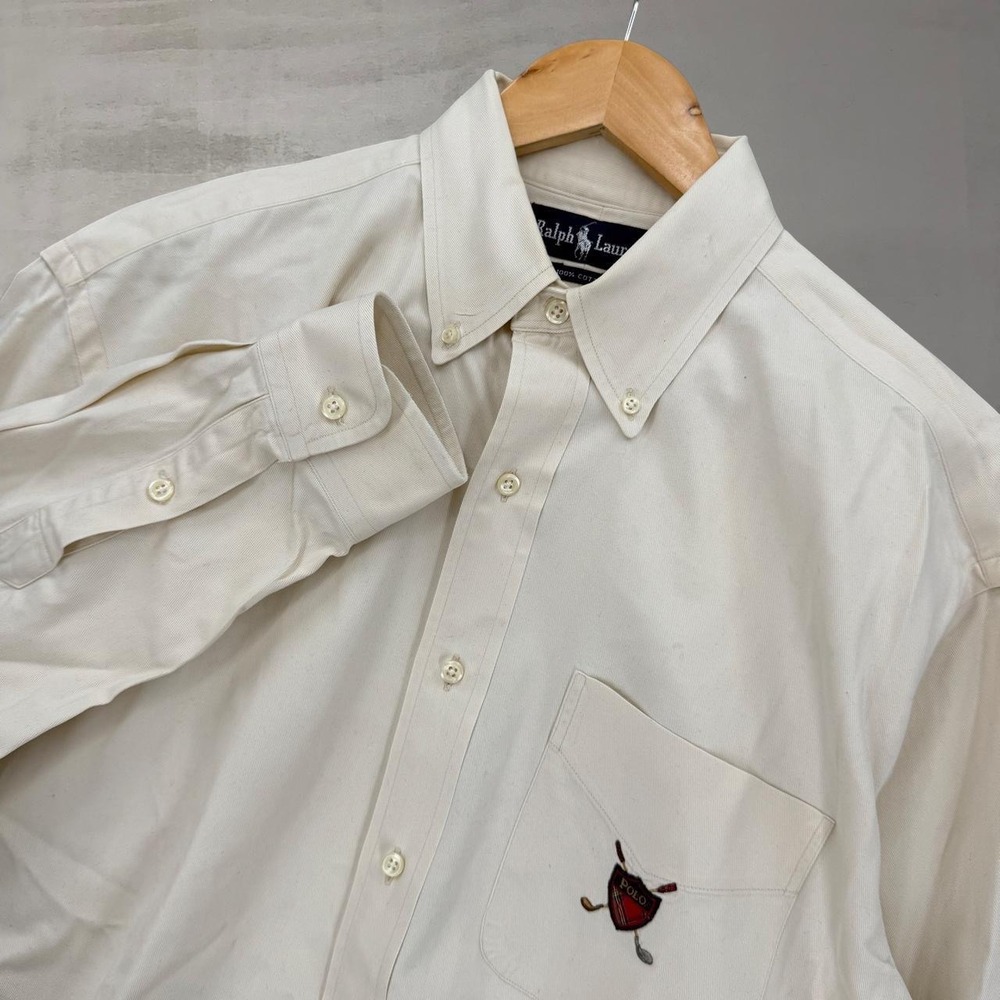 Vintage Polo Ralph Lauren Button Down Shirt Cream Golf Crest 90s Cotton Medium